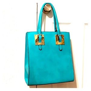 Dasein structured turquoise tote with gold accents